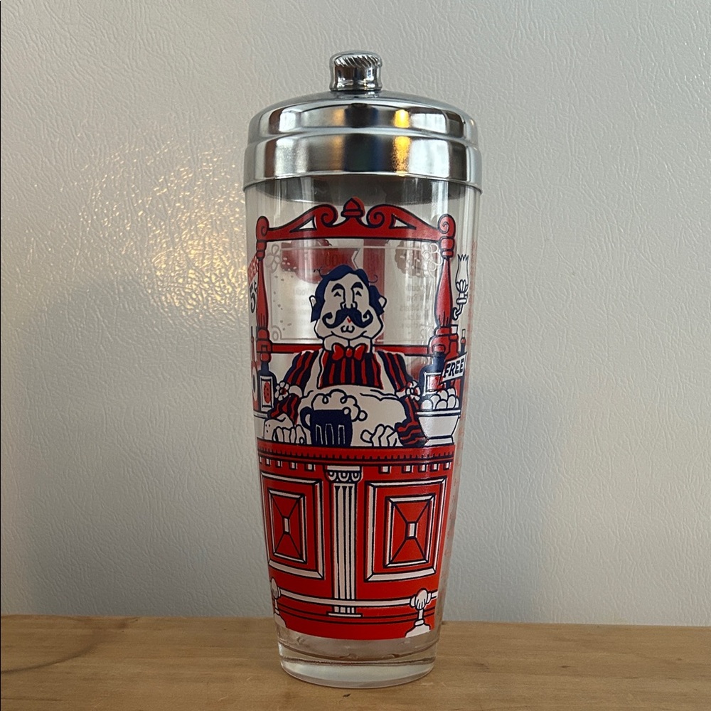 Vintage Hazel Atlas ‘Tony the Bartender’ cocktail shaker w chrome lid.